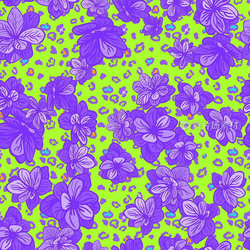 Colorful seamless pattern with leopard print and blue flowers